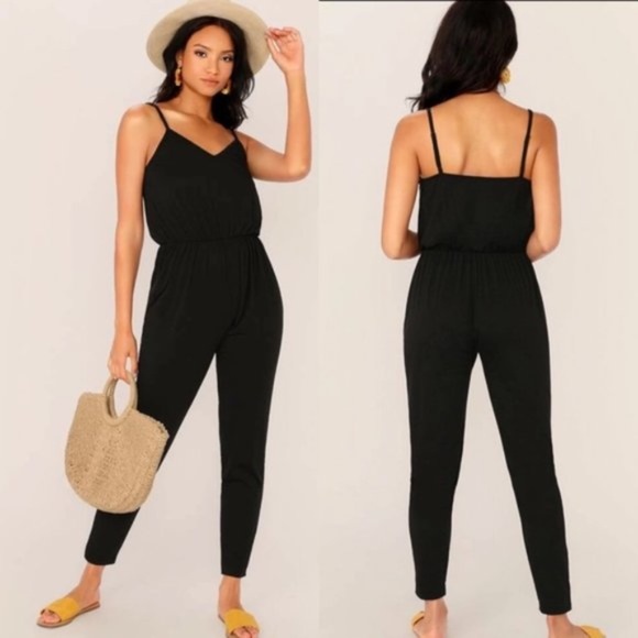 09 Black jumpsuit casual tank cami romper spaghetti - Picture 4 of 5